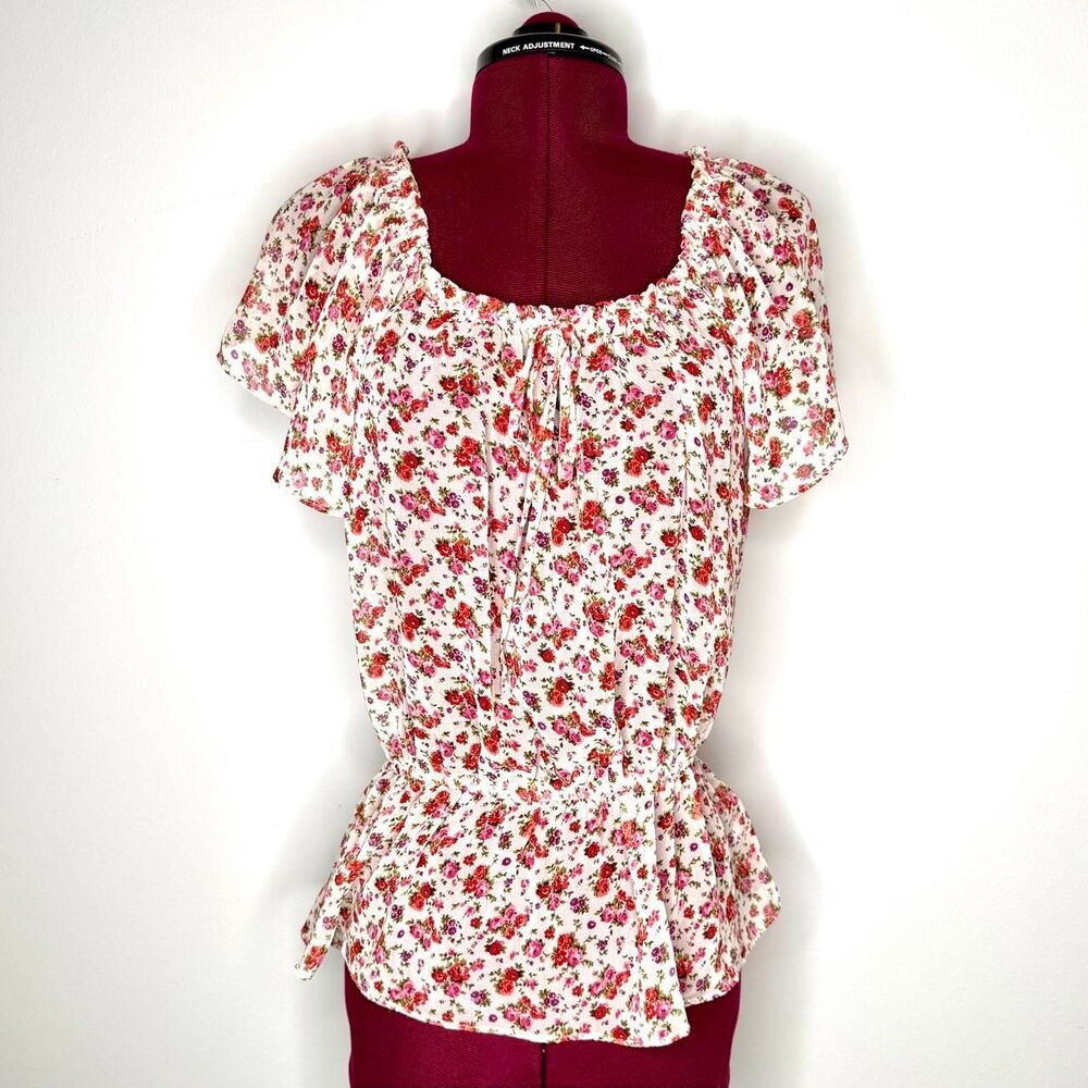 Vintage Y2K Forever 21 Sheer Floral Blouse Short Sleeve Cottagecore Pink size M
